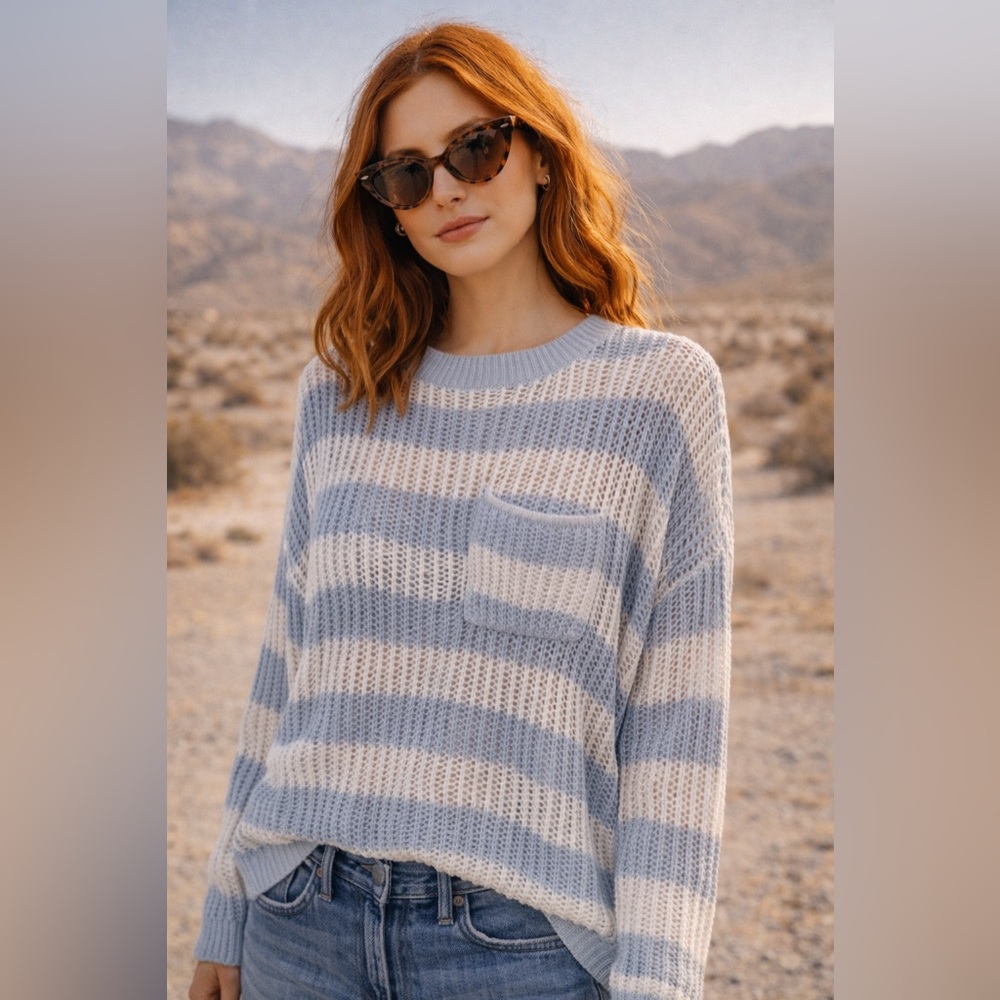 Pink Lily Blue & White Open Knit Lightweight Sweater – Size L
